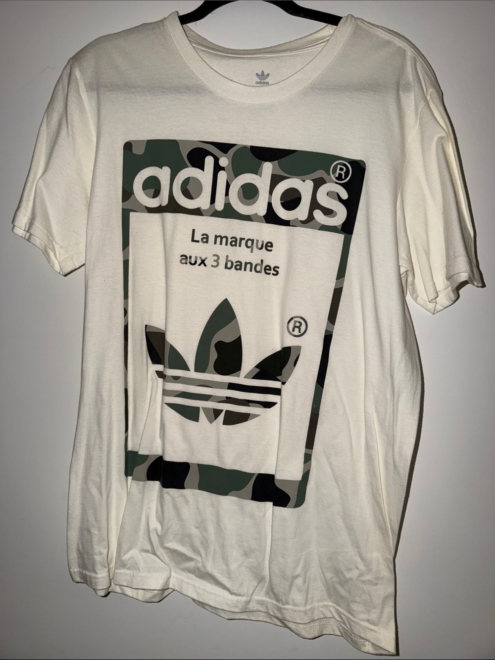 adidas White Tee with Green & Black Camo Trefoil